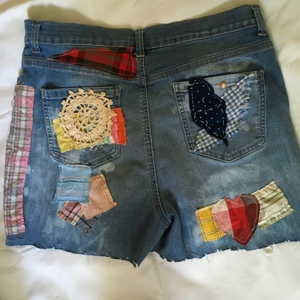 Upcycled Reworked Patchwork Denim Shorts Size 12 - Picture 8 of 14
